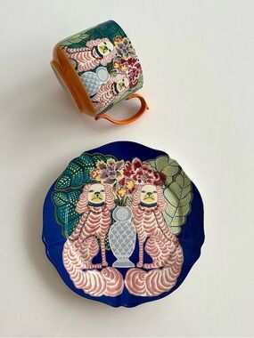 Anthropologie Eastern Animal Stoneware Mug and Plate Set - Botanical Dogs